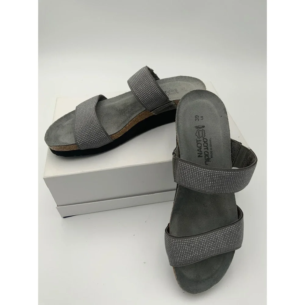Naot Womens 39 Gray Leather Studded Slide Sandals Cork Footbed Wedge Made Israel